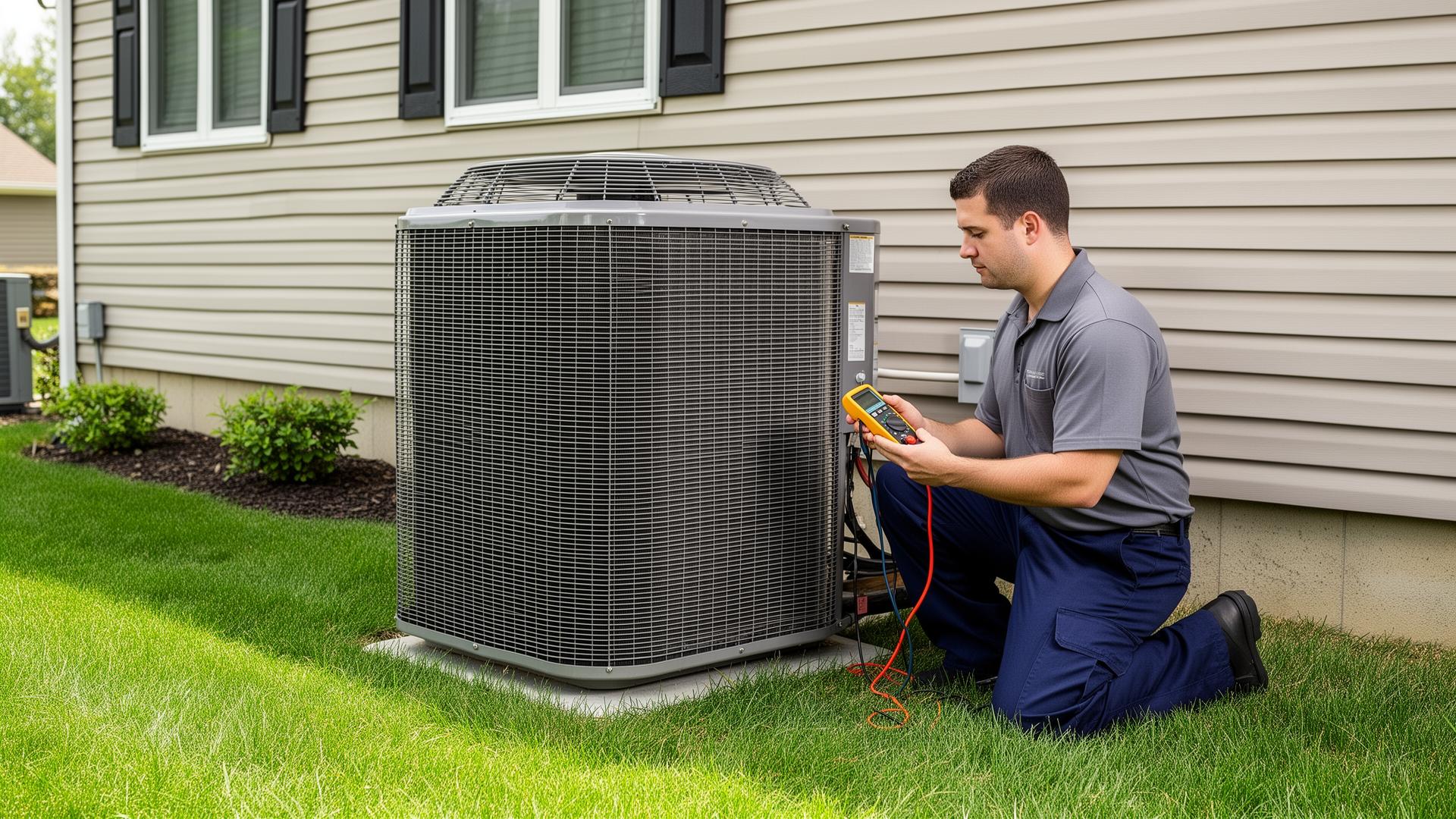 Professional HVAC technician servicing a residential air conditioning unit in Rock Hill, SC